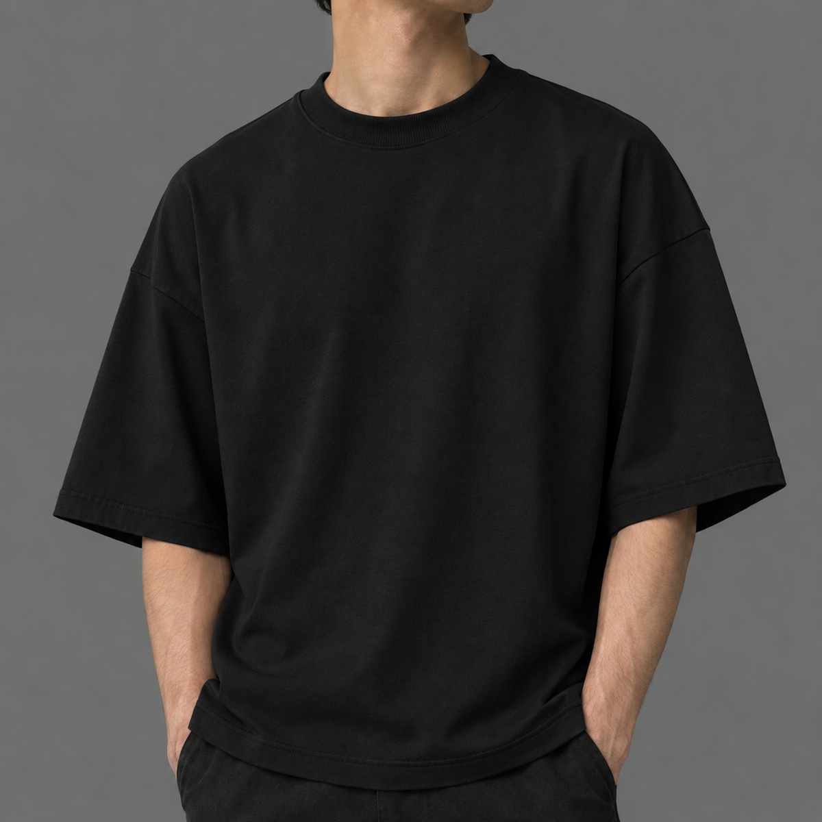 Half sleeves drop-shoulder black colored T shirt