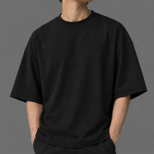 Half sleeves drop-shoulder black colored T shirt