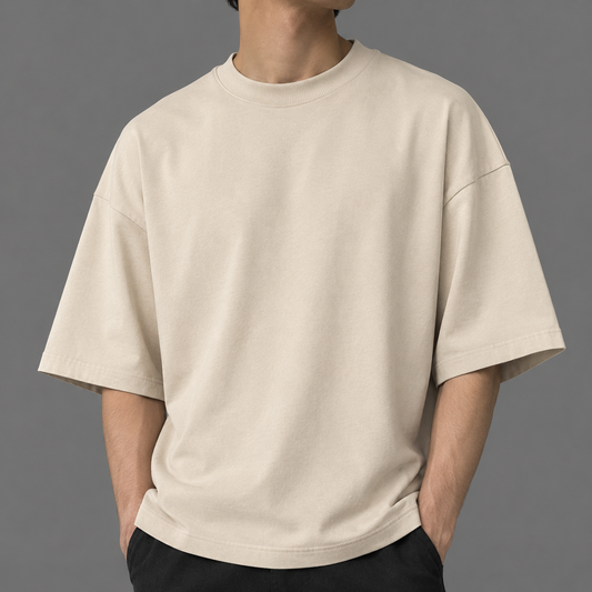 Half sleeves drop-shoulder beige colored T shirt